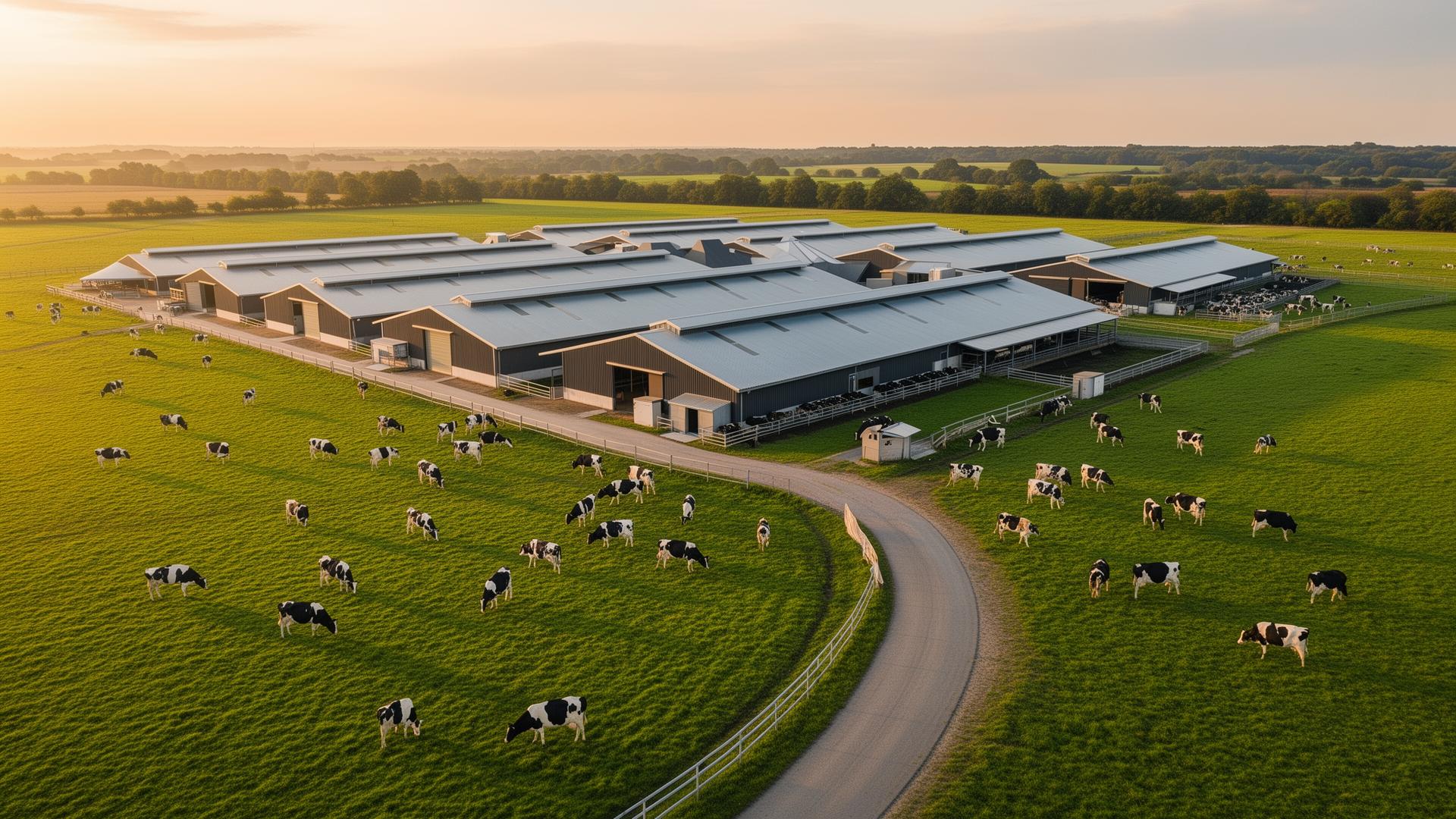 Luchtfoto van een moderne professionele zuivelboerderij bij gouden uur