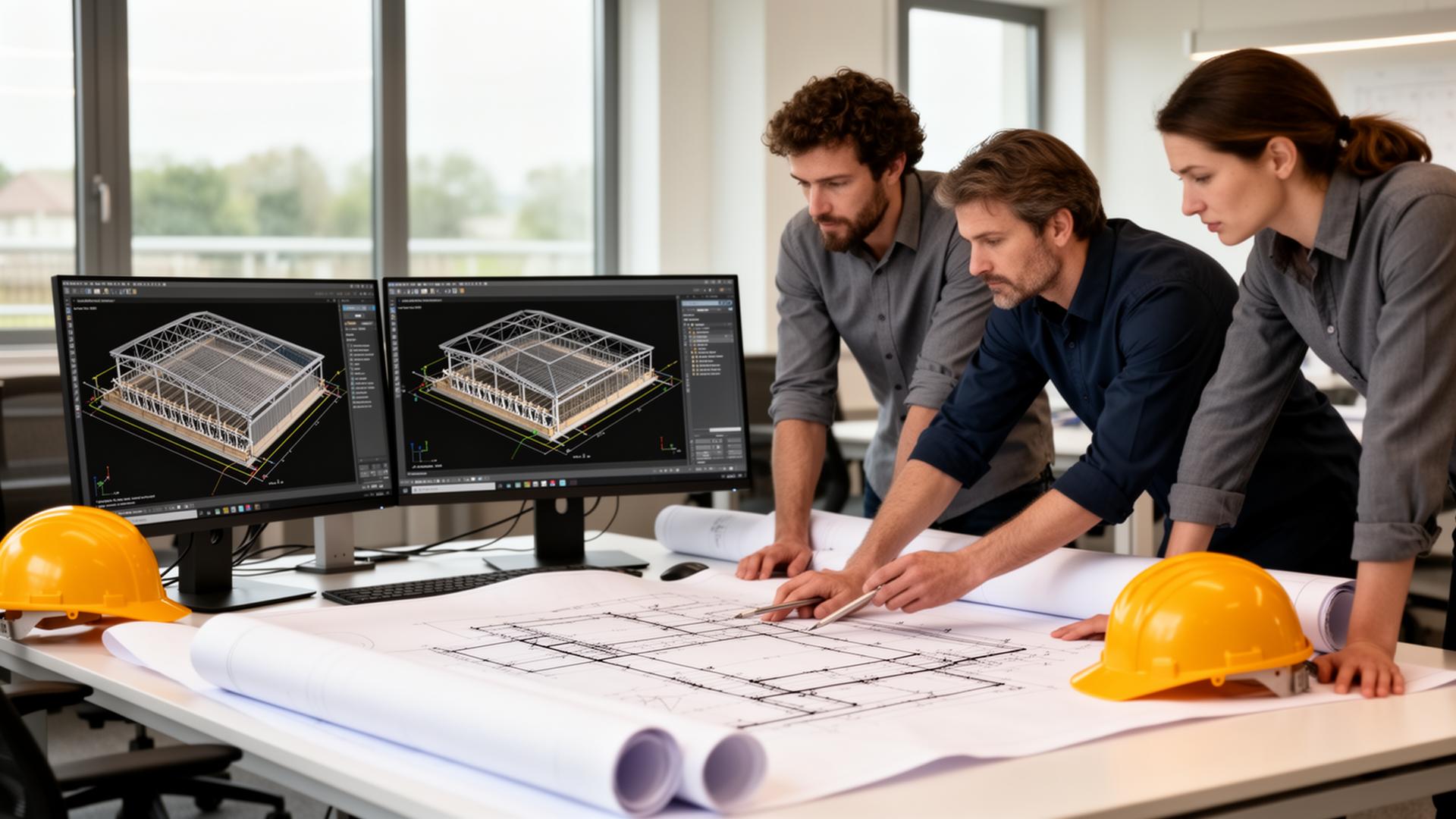 Architecten en ingenieurs bekijken bouwtekeningen van een grote zuivelfaciliteit